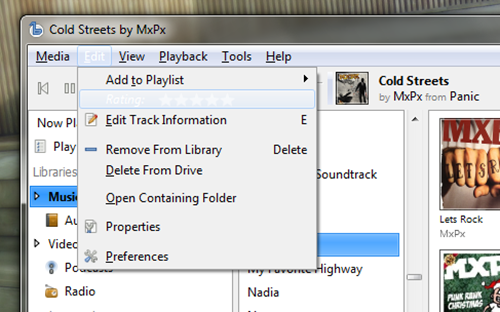 Banshee for Windows: menus