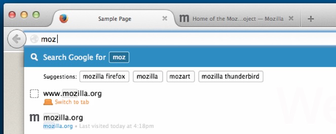 Firefox nightly build shows search suggestions for the term moz in Awesome Bar shade
