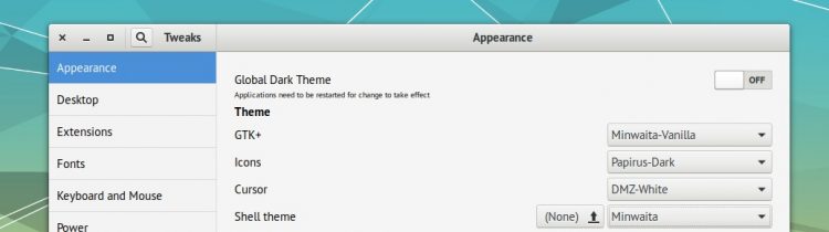 gnome tweak tool appearance section