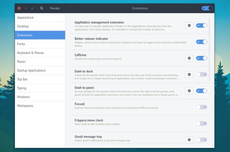 GNOME Tweak Tool 32.5.2 Extensions pane