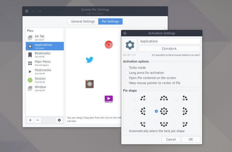 GNOME Pie Settings window