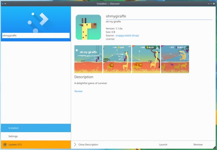 oh my giraffe snap app in kde discover