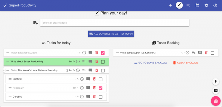 screenshot of super productivity app