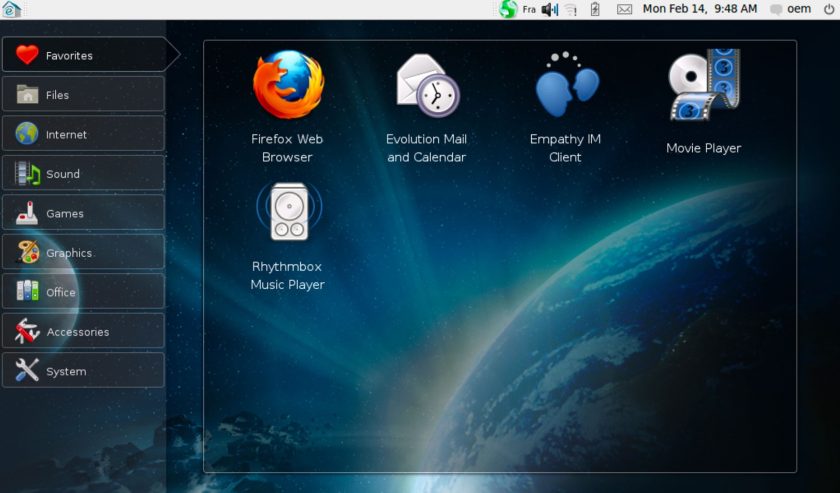 screenshot shows Ubuntu Netbook Remix launcher with panel date reading feb 14, and apps on show