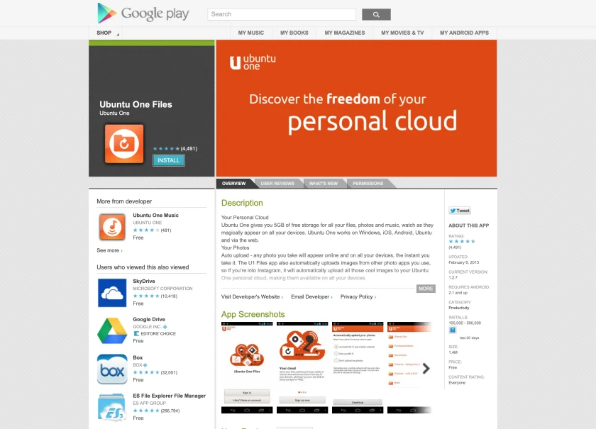 Ubuntu One Files app in the Android Play Store.