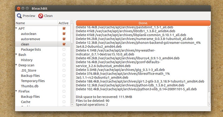bleachbit running on ubuntu 16.04