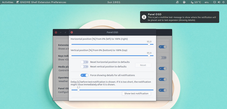 panel osd gnome extension settings window with various sliders.