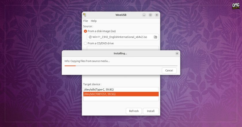 Installing progress bar screenshot with text saying "copying files from source media"