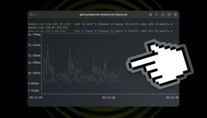 Gping terminal window graphing live ping response times for 3 domains in a terminal