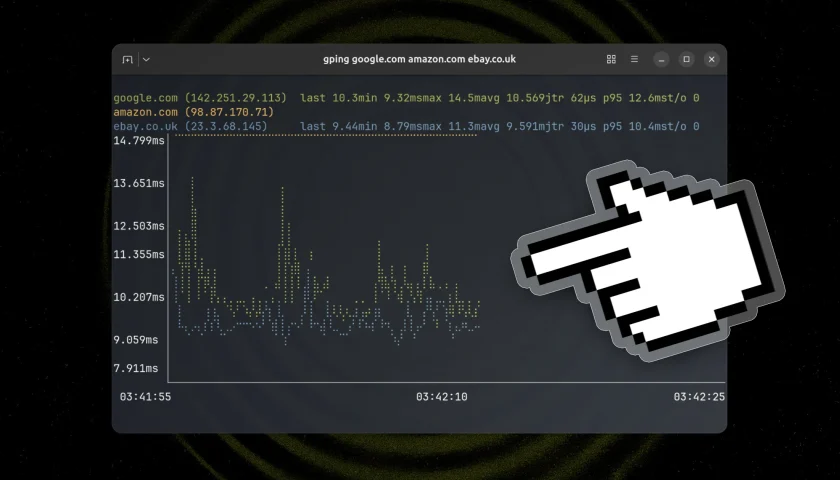 Gping terminal window graphing live ping response times for 3 domains in a terminal