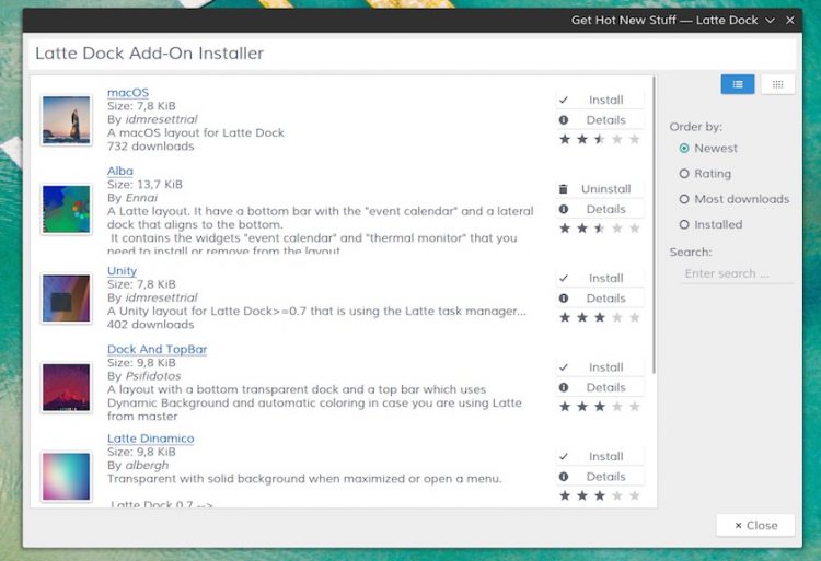 get latte dock layouts from the KDE Store
