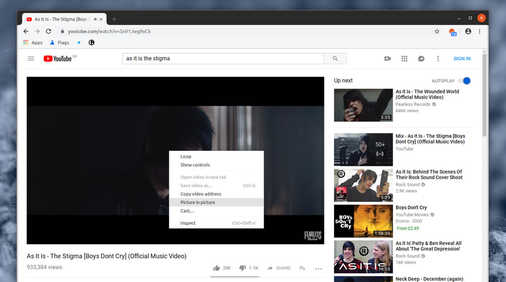 The picture in picture options