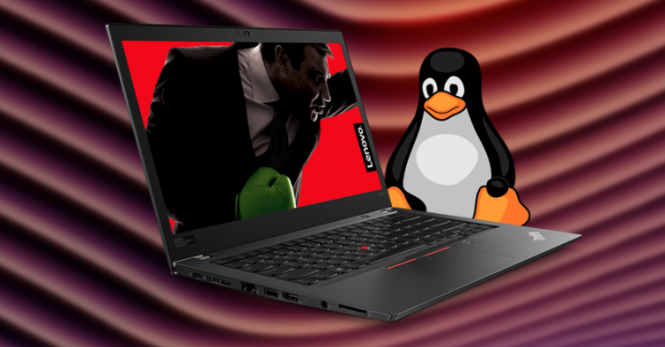 A Lenovo laptop with the Linux mascot