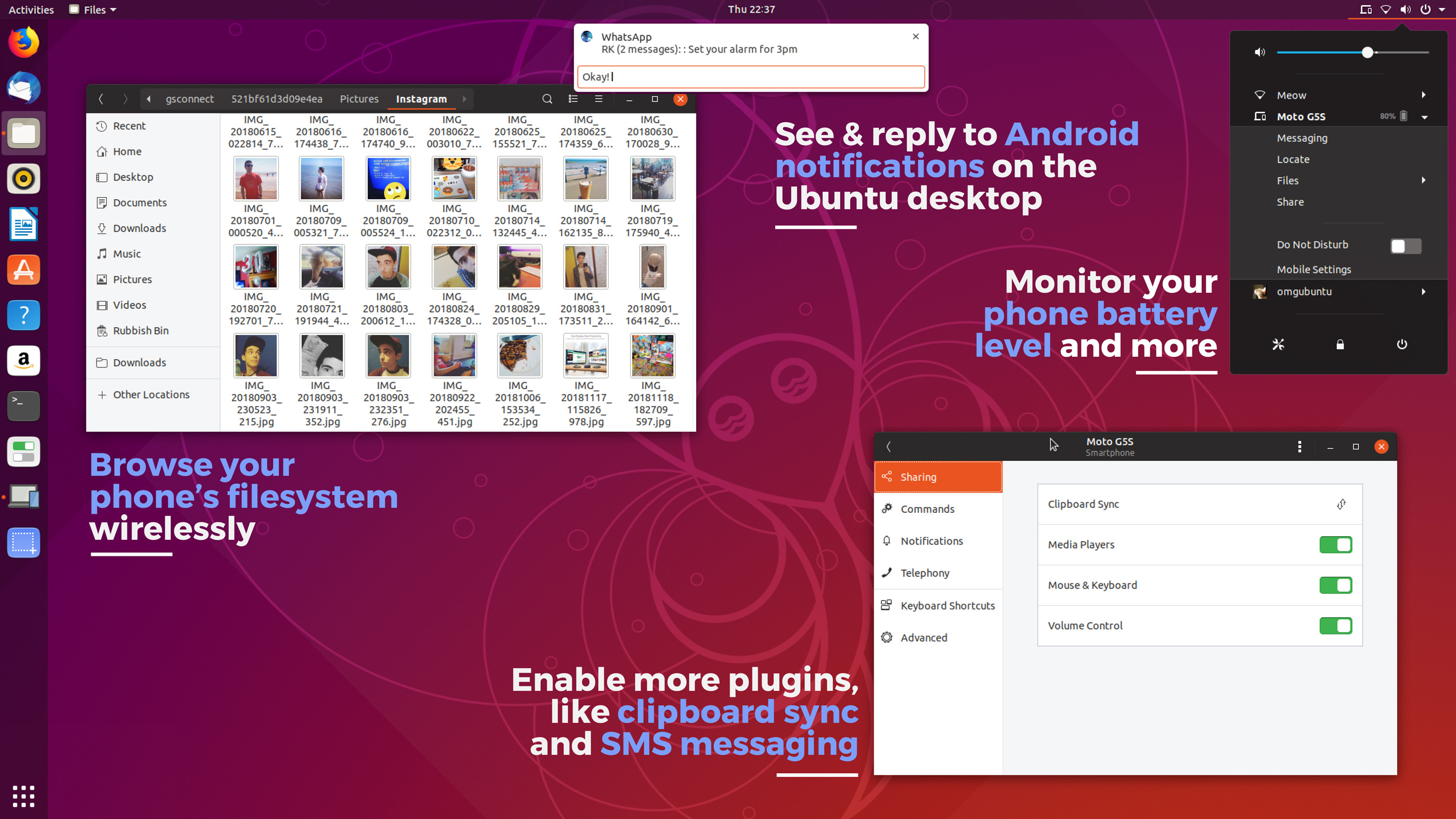 Annotated image showing GSConnect features An overview of GSconnect features