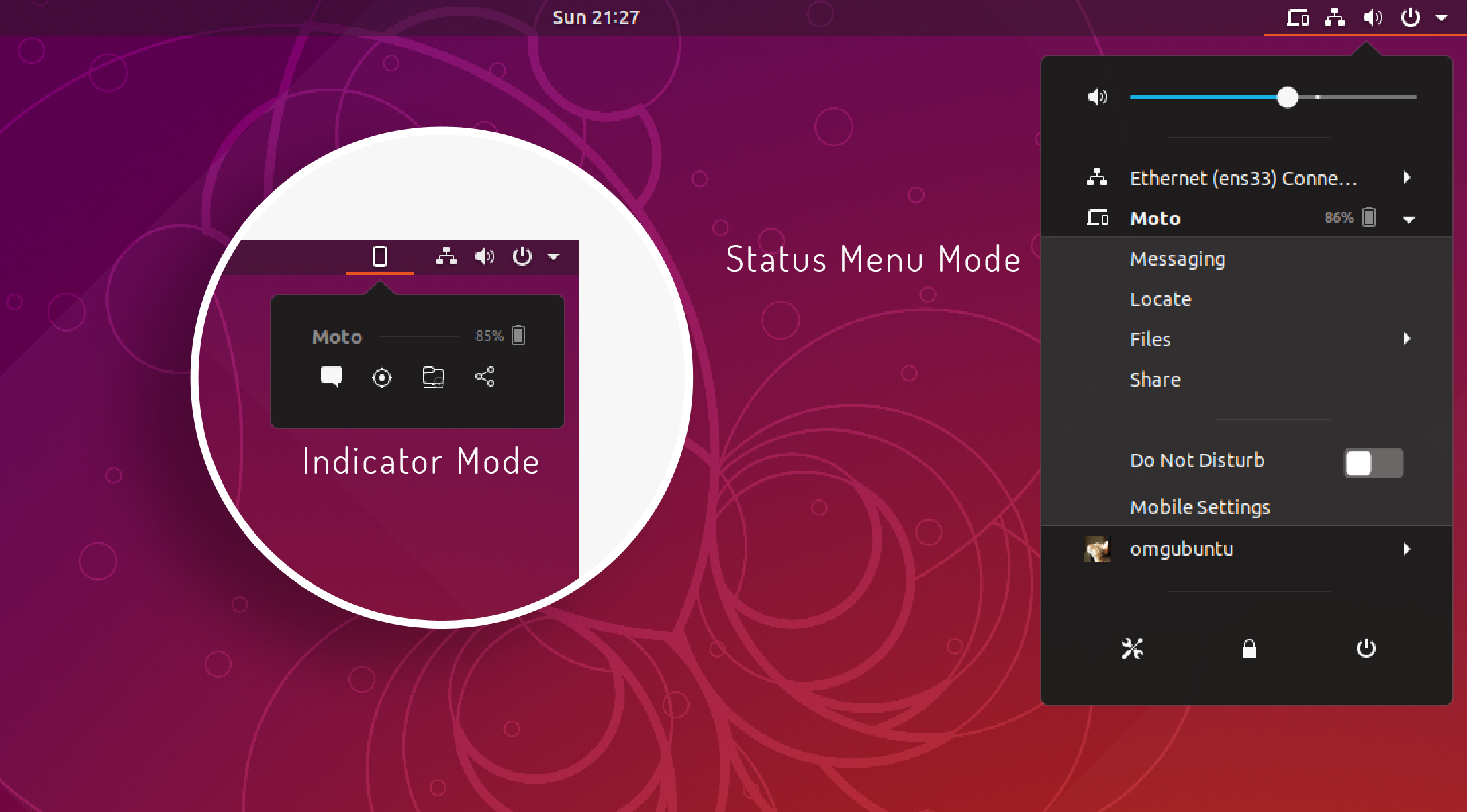 Gsconnect has a panel mode and status menu mode