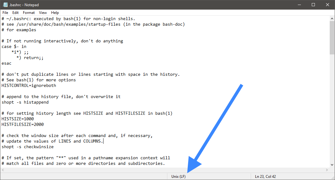 notepad displaying a Unix text file