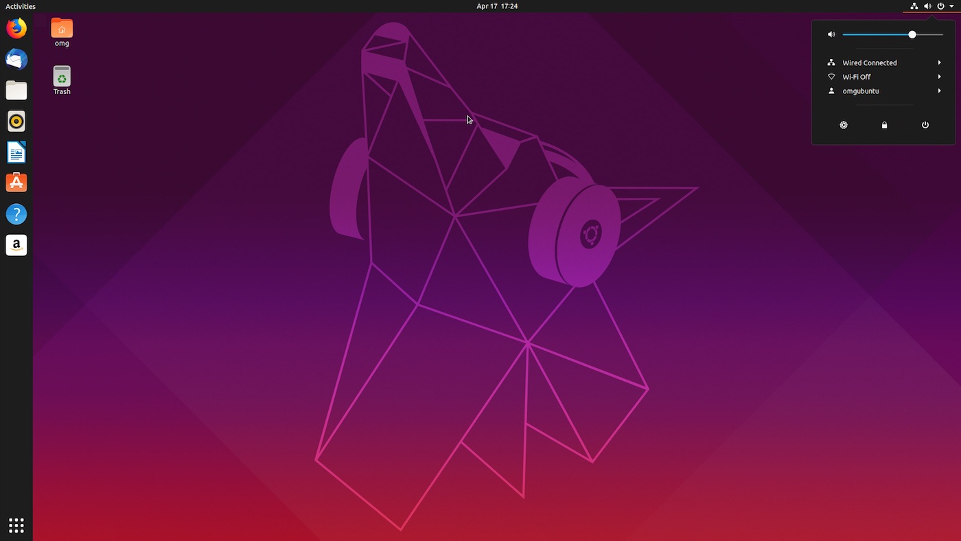 ubuntu 19.04 desktop screenshot with menu open