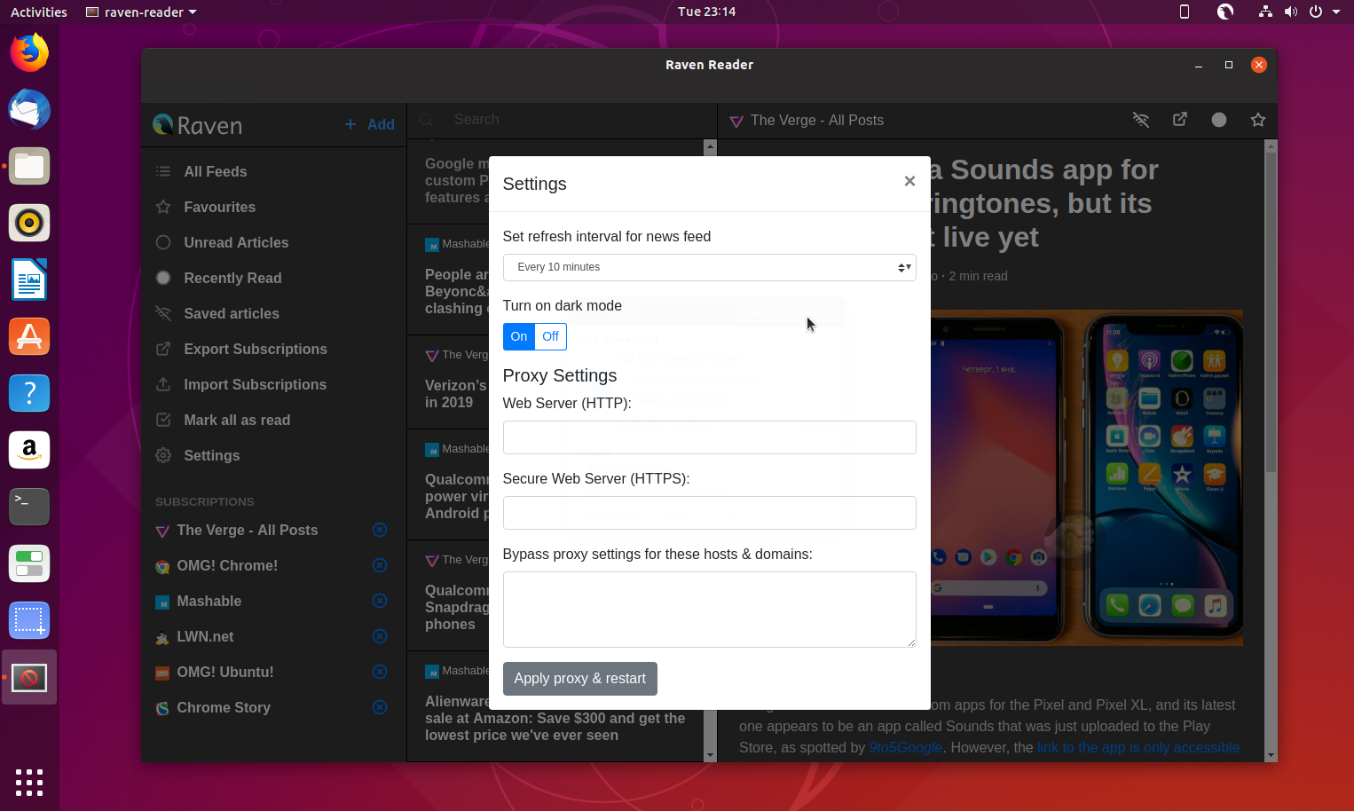 Raven rss reader - settings