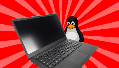 Pinebook Pro laptop with linux mascot