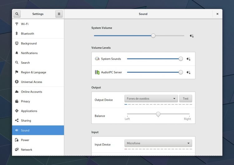 sound settings panel in gnome control center