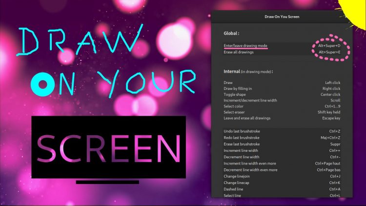 Linux desktop with various doodles and callouts drawn on the screen.