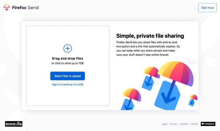 A screenshot of Firefox Send