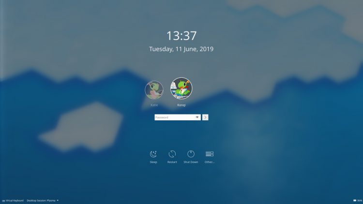 Screenshot of KDE Plasma 5.16 login screen