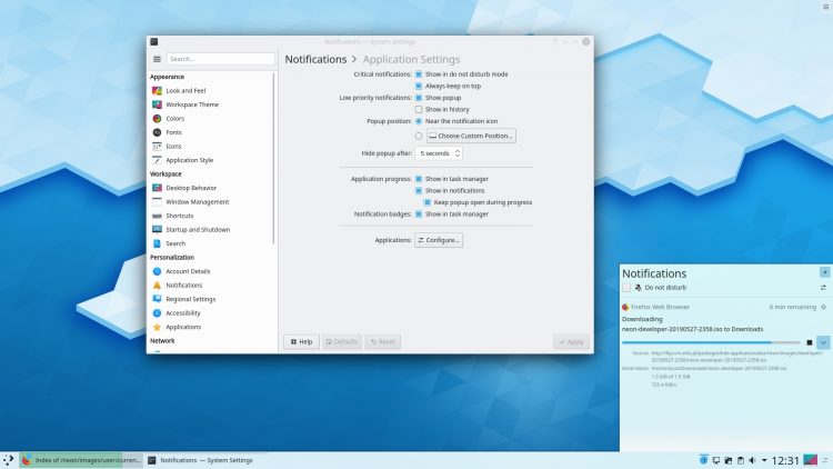 Screenshot of KDE Plasma 5.16 notification tray and settings