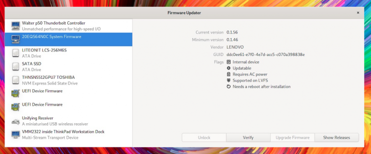 the Firmware Update app listing devices that can be updated
