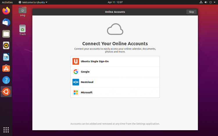 Ubuntu 20.04 screenshot: first run wizard.