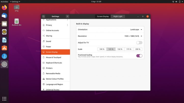 Ubuntu 20.04 screenshot: Display Settings