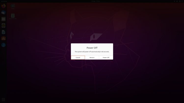 ubuntu 20.04 screenshot showing power dialog in gnome shell