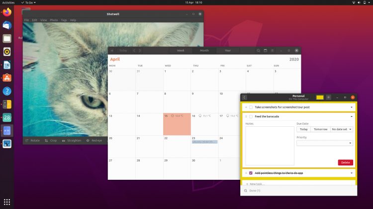 ubuntu 20.04 Shotwell, calendar and To do app screenshot