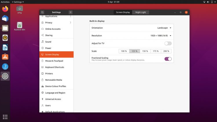 Ubuntu 20.04 features include fractional scaling support