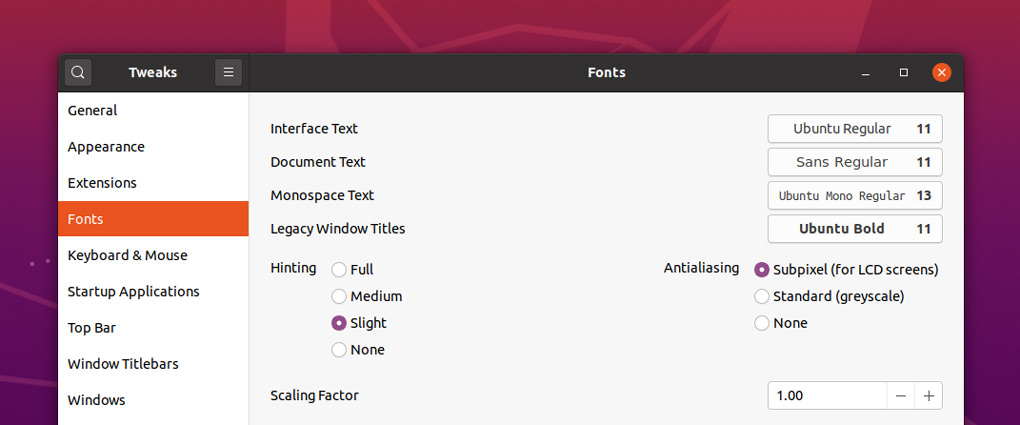 a screenshot of the fonts section in GNOME Tweak Tool