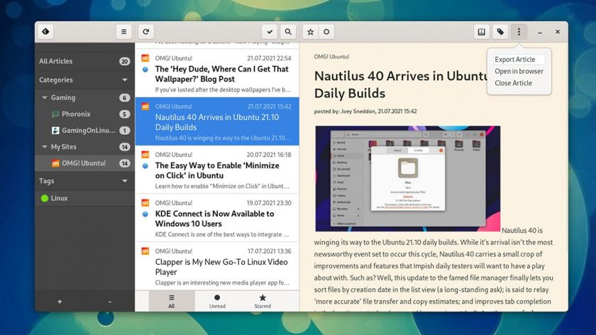 newsFlash GTK Reader screenshot on Fedora