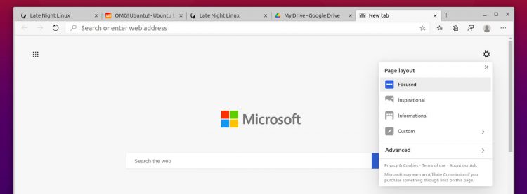 Microsoft Edge on Linux New Tab Page Options