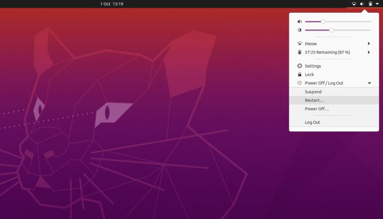 Ubuntu 20.10: restart menu item