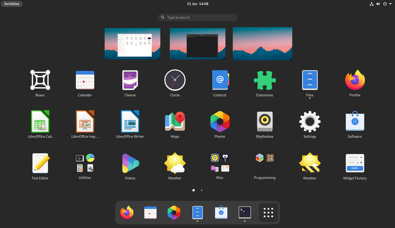 GNOME 40 screenshot of the app launcher