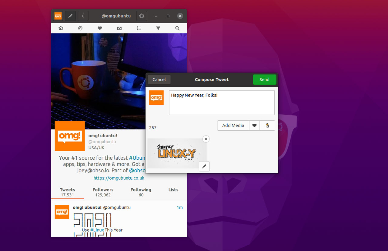 cawbird 1.3 screenshot on ubuntu