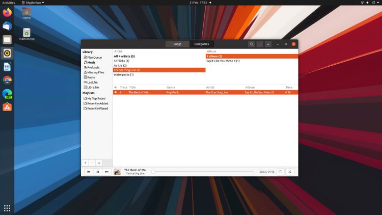 Rhythmbox in Ubuntu 20.04 LTS with the alternative toolbar enabled