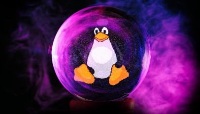 Linux penguin mascot sitting in a crustal ball denoting the future.
