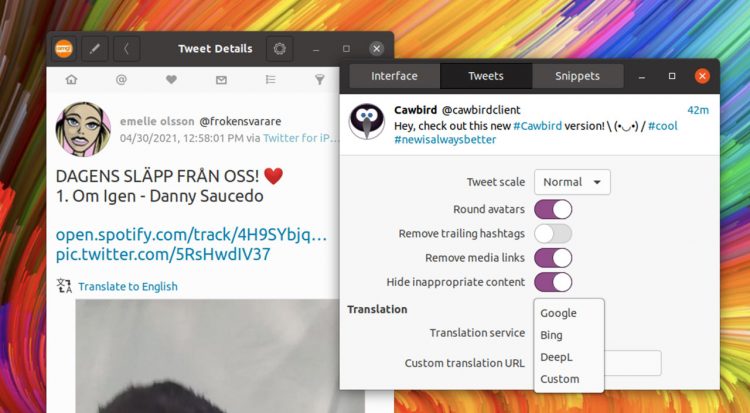Cawbird 1.4 adds translation feature
