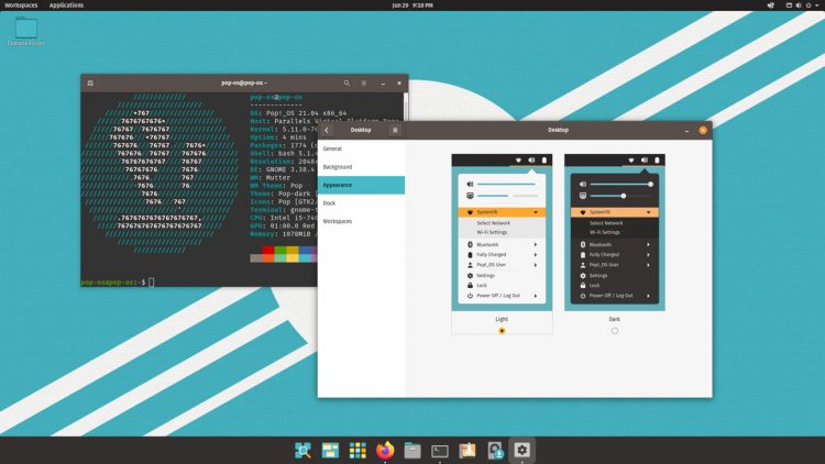 A screenshot showing the terminal and settings app open in pop os 21.04