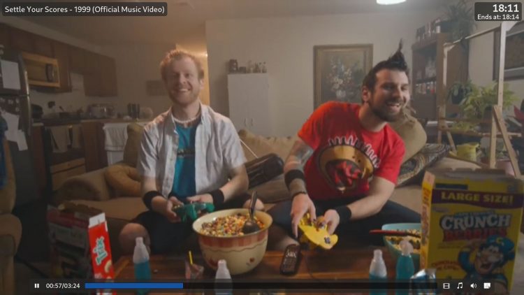 a screenshot of clapper GTK app playing 1999 music video by pop punk band settle your scores
