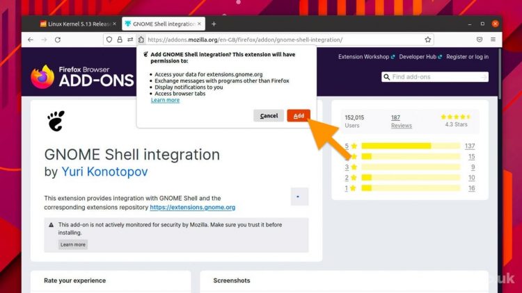 a screenshot of firefox web browser installing an add-on on ubuntu