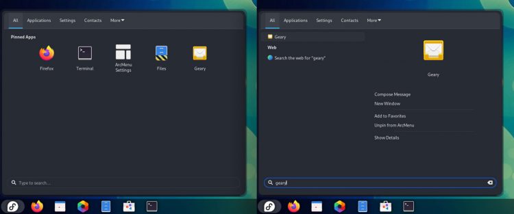 a screenshot of the launcher menu layout in arc menu gnome extension