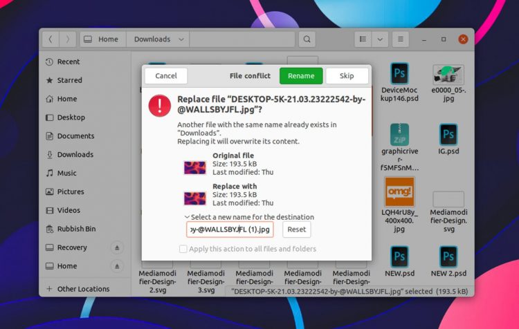 a screenshot of the file conflict dialog in Nautilus 40 on Ubuntu 21.10 daily builds