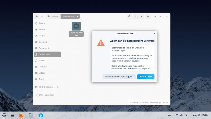 Screenshot of Windows side load tool in Zorin OS 16