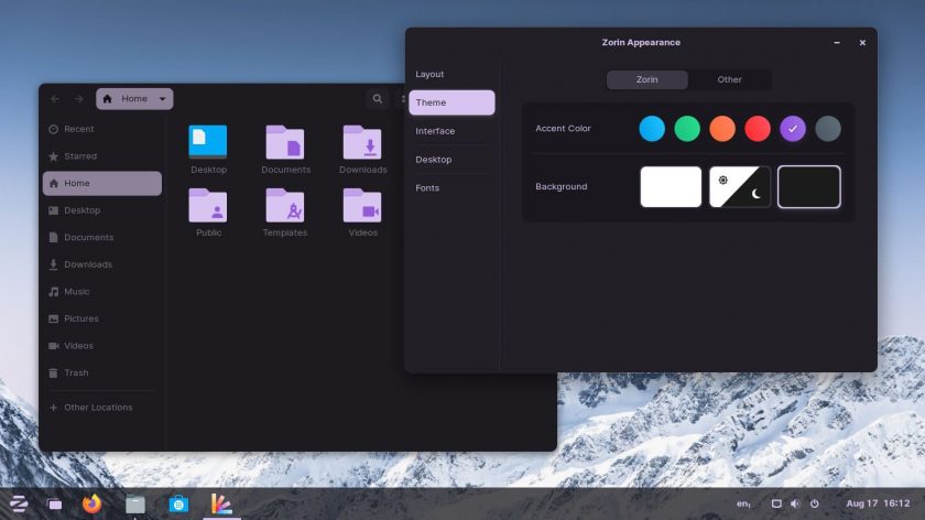 a screenshot of Zorin OS 16 dark mode with Zorin Appearance tool open